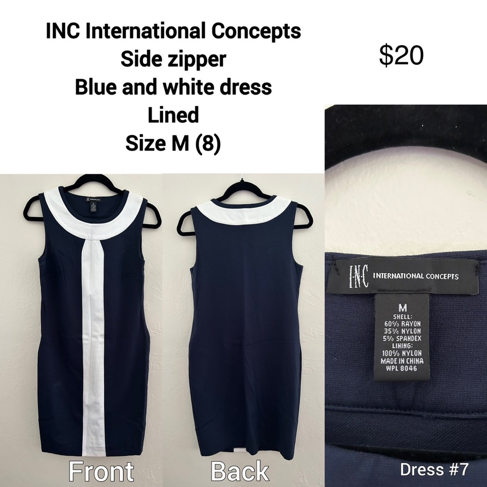 INC, sleeveless, blue and white, lined, side zipper, size M